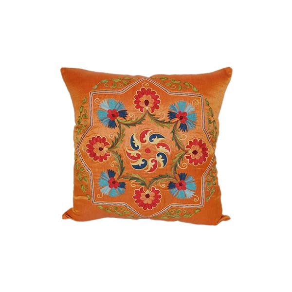 luxurious embroidered cushion with orange design